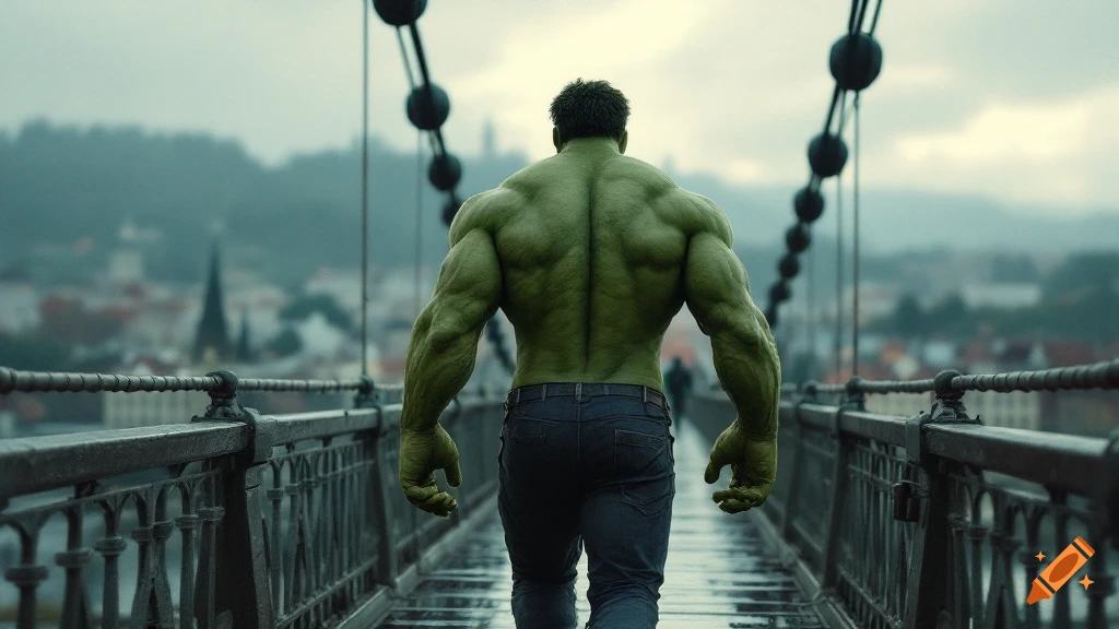 The Hulk, viewed from behind, walks on a metal bridge over a city on a cloudy day, photorealistic style.