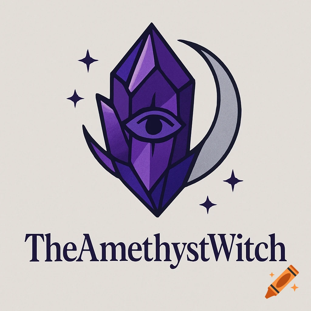 Stylized logo featuring a purple amethyst crystal with an eye, a crescent moon, stars, and 'TheAmethystWitch' text.