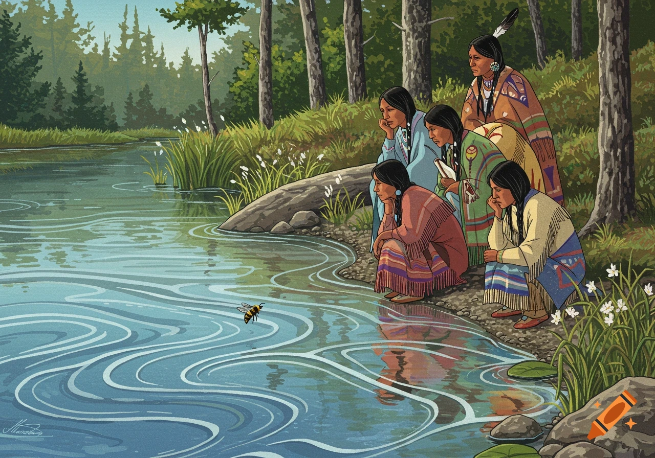 Ojibwe women in traditional attire watch a bee hover over a pond in a lush woodland scene, illustrated in a traditional style.