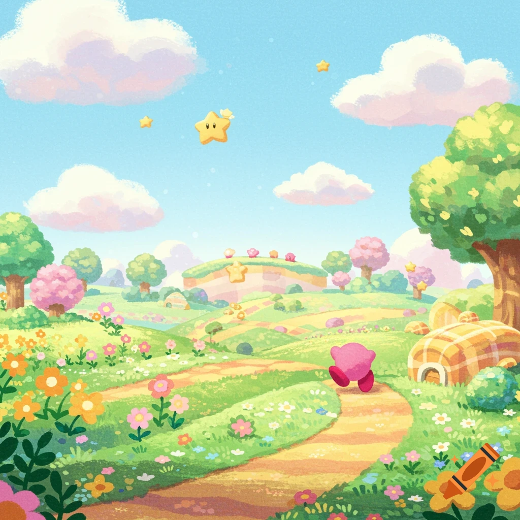 Kirby walks along a path through a vibrant, whimsical landscape with rolling green hills, colorful flowers, fluffy clouds, and stars in the sky.