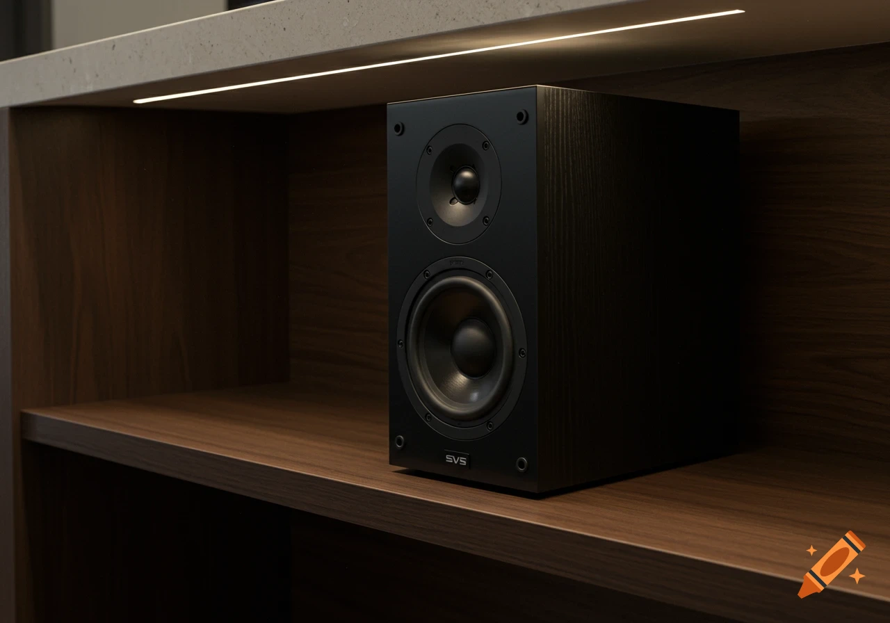 Photorealistic image of a black SVS speaker on a wooden shelf under a kitchen island overhang with LED lighting.