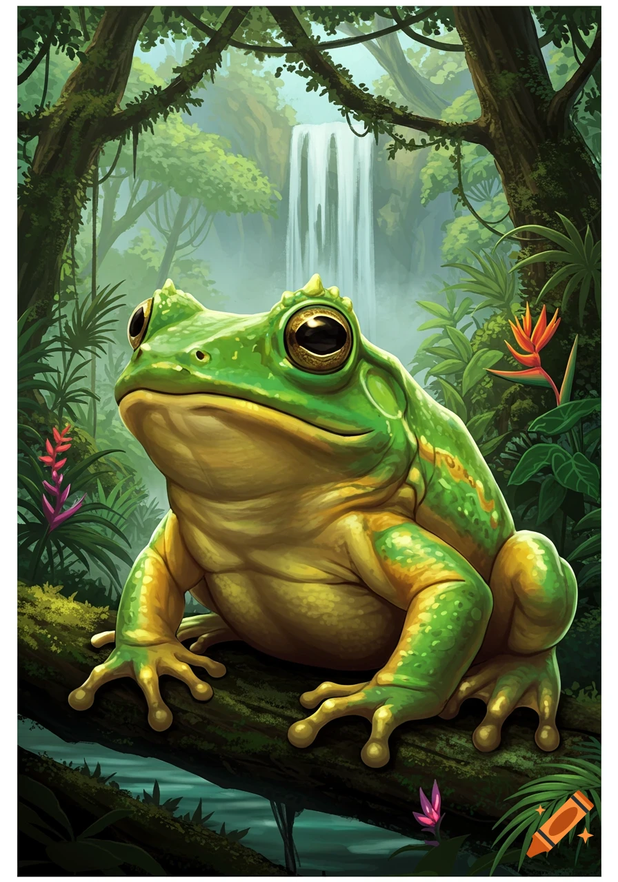 A vibrant green and yellow frog sits on a mossy log in a lush jungle, with a waterfall cascading in the background.