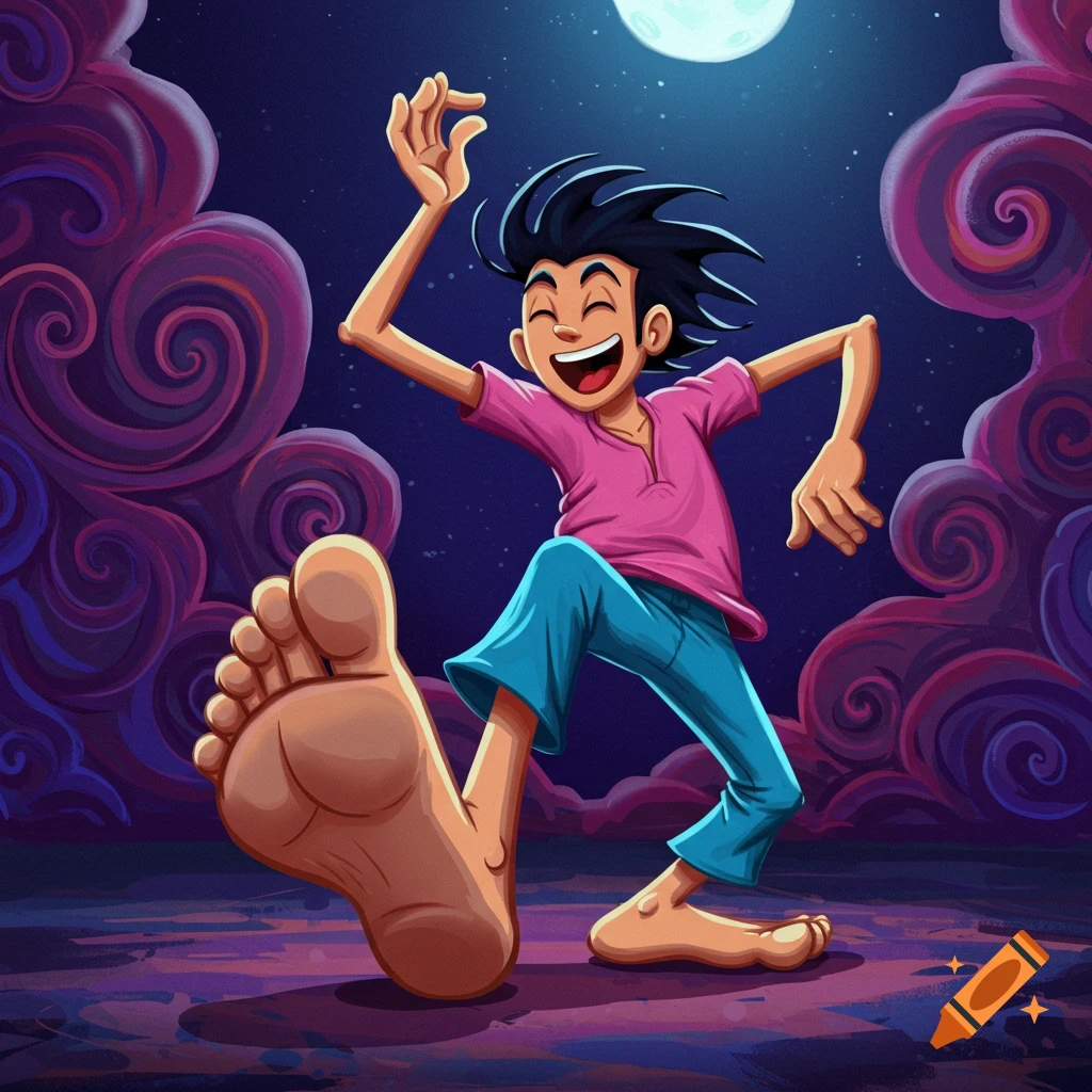 Cartoon boy with an exaggerated large foot dances joyfully under a full moon in a whimsical night scene with swirling purple clouds.