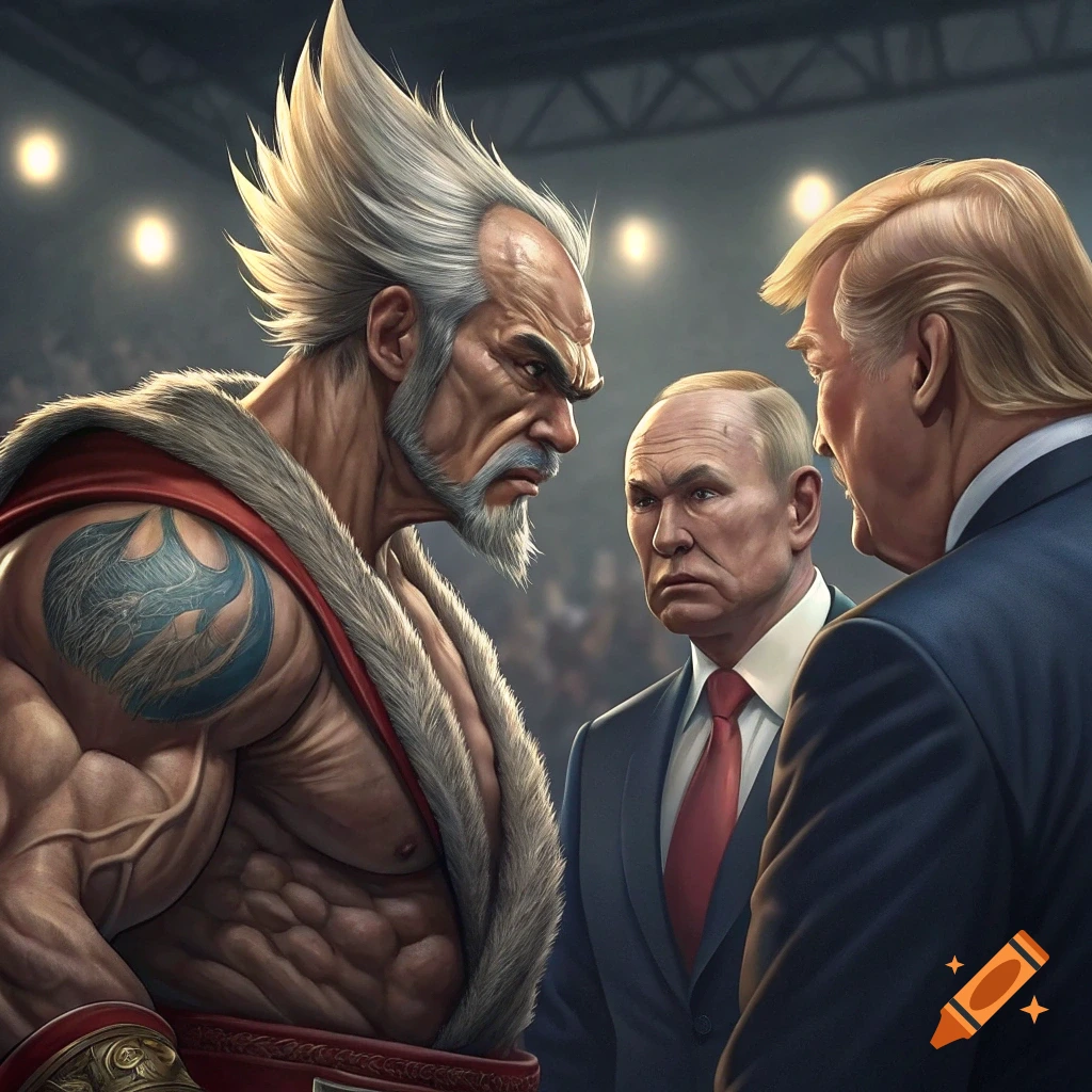 Heihachi from Tekken confronts Donald Trump and Vladimir Putin in a boxing arena, highly detailed art style.