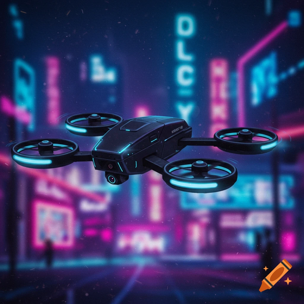 A futuristic black drone with glowing blue lights hovers against a blurry background of neon-lit cyberpunk city buildings at night.