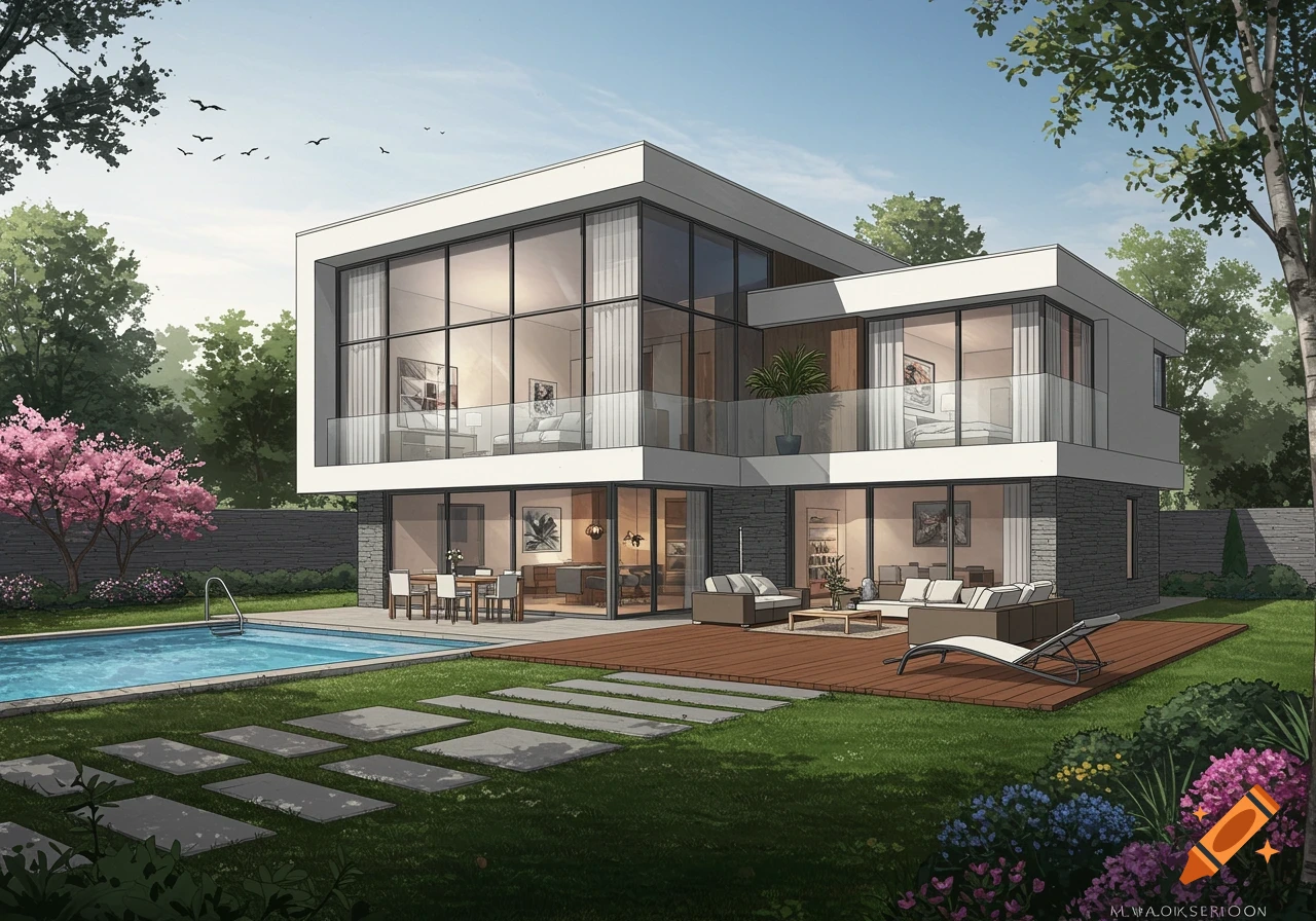 A modern, luxurious house with large glass windows, a swimming pool, and a lush garden on a sunny day.