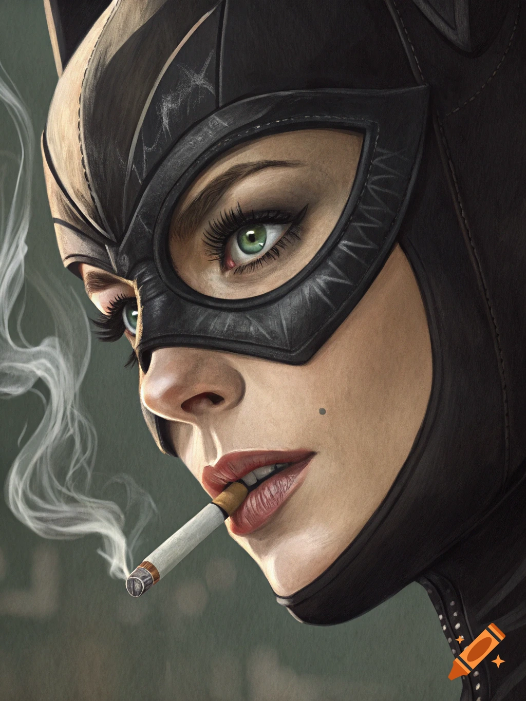 A close-up, photorealistic portrait of a woman in a black domino mask with cat ears, smoking a cigarette, with prominent green eyes.