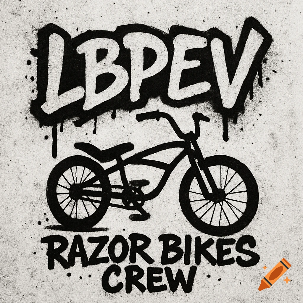 Black and white graffiti-style logo featuring a bicycle, with text 'LBPEV' above and 'RAZOR BIKES CREW' below.