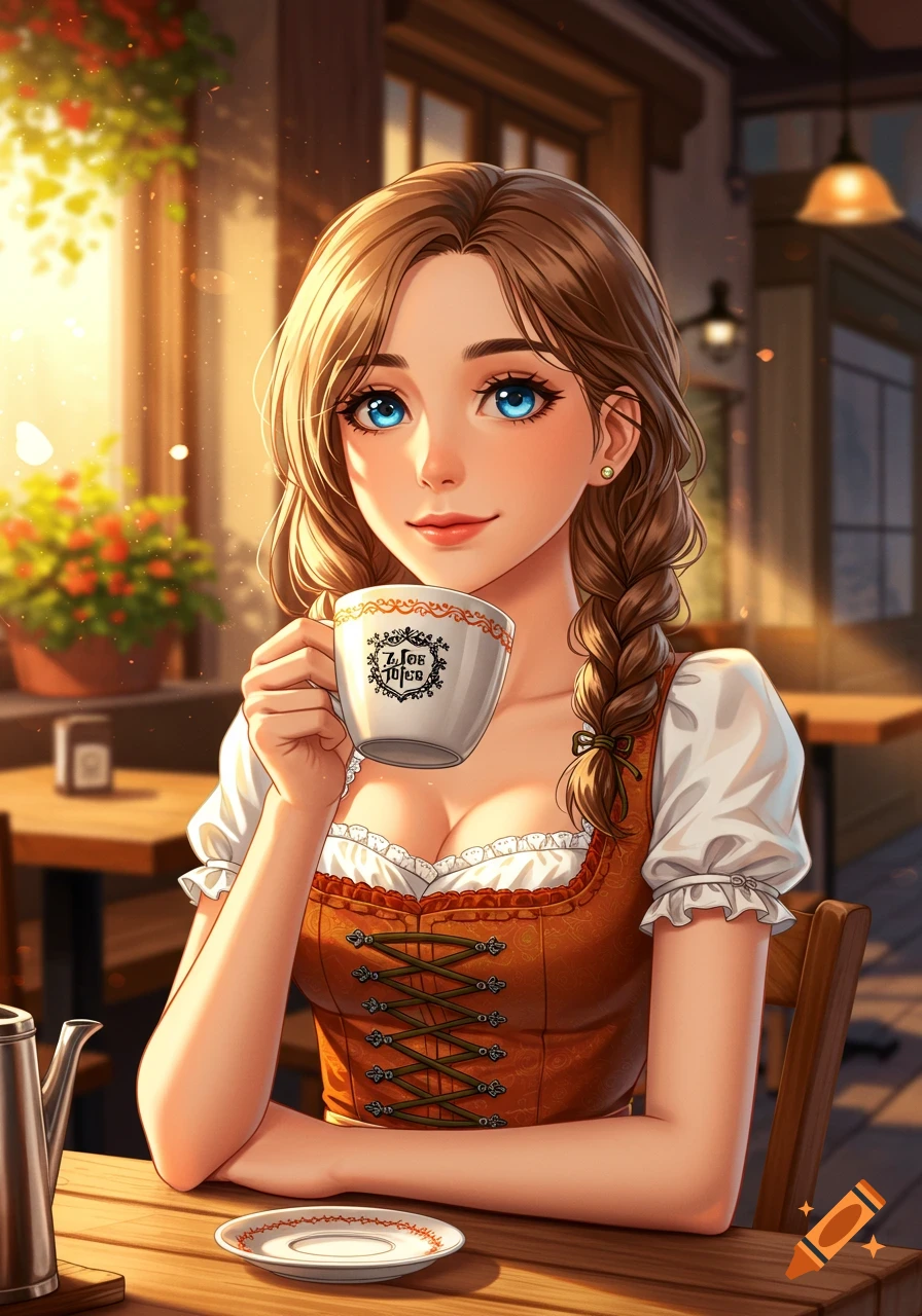 Anime-style girl in a dirndl holding a coffee cup in a sunlit cafe.