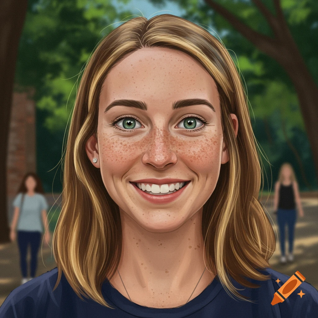 A smiling white woman with green eyes, freckles, and light brown hair, in a digital illustration style, with a blurred outdoor background.