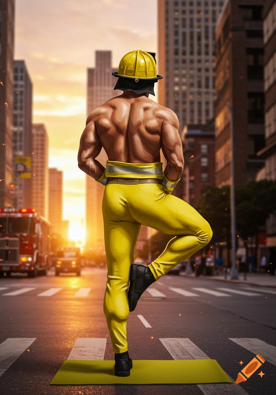 Stylized image of a muscular male firefighter in yellow yoga leggings and helmet doing a tree pose on a mat in a city street at sunset.