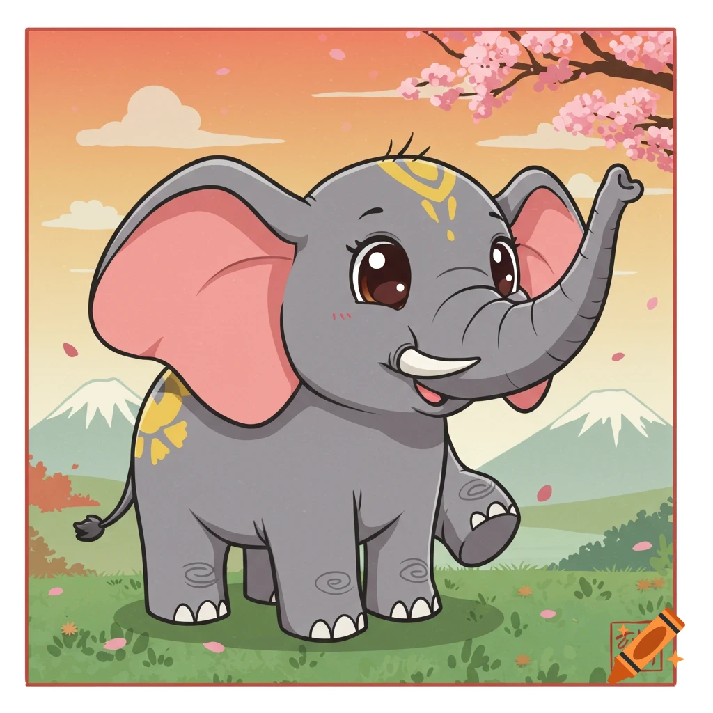 A cute cartoon elephant with yellow markings stands in a grassy field with cherry blossoms and Mount Fuji under an orange sky, in Japanese illustration style.