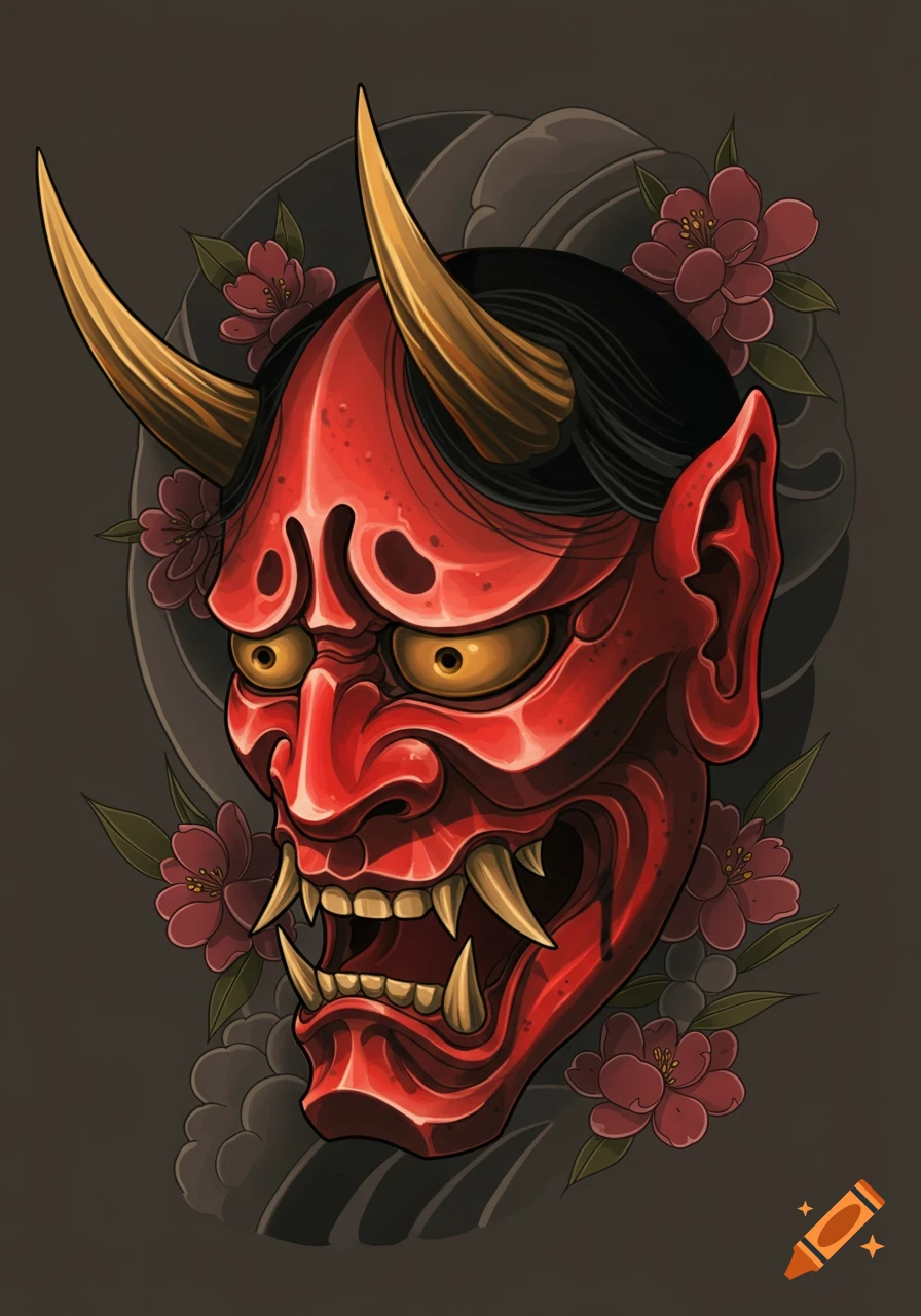 Stylized red Japanese Hannya mask with golden horns, fangs, and yellow eyes, framed by black swirls and red cherry blossoms.