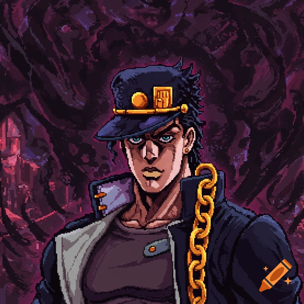 Pixel art portrait of Jotaro Kujo from JoJo's Bizarre Adventure against a dark, swirling background.