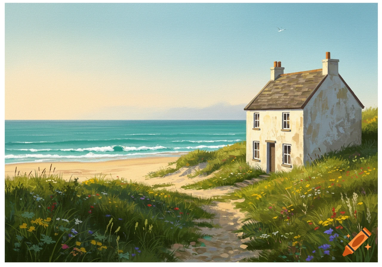 Painterly view of a white seaside cottage on a grassy dune overlooking a sandy beach and turquoise ocean.