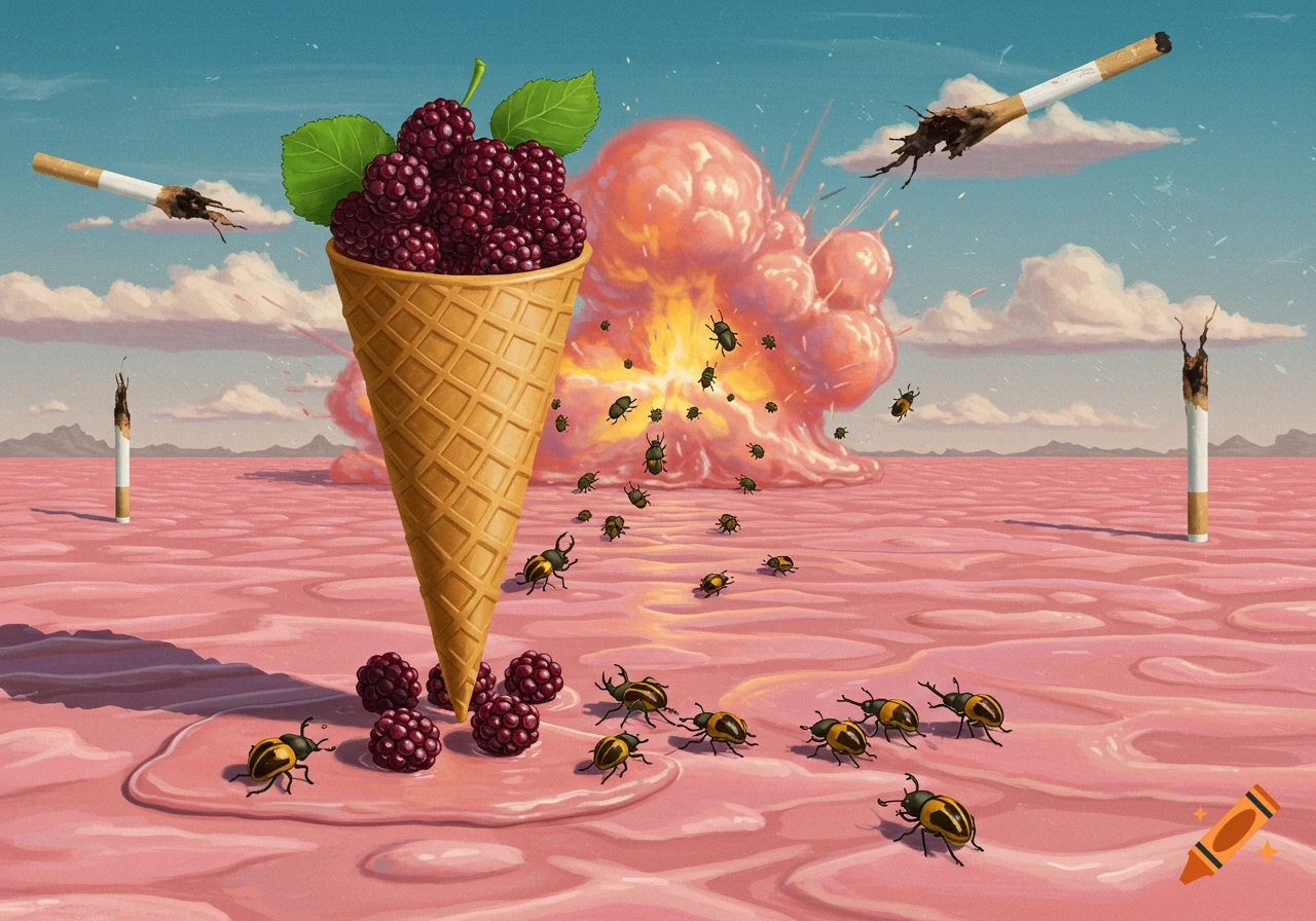 Surreal landscape with a giant mulberry ice cream cone, angry beetles, explosion, and burnt cigarettes on pink gum-like ground.