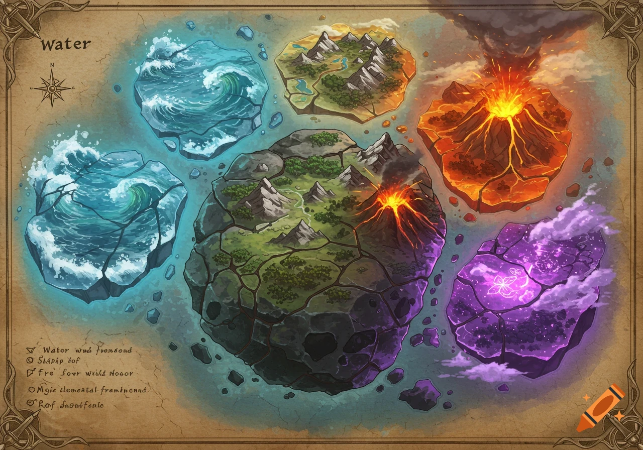 A stylized fantasy map displaying five floating islands, each representing an element: water, earth, fire, air, and magic.