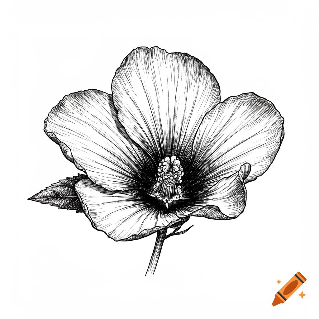 A black and white line art drawing of a hibiscus flower with detailed petals and a prominent stamen, on a white background.