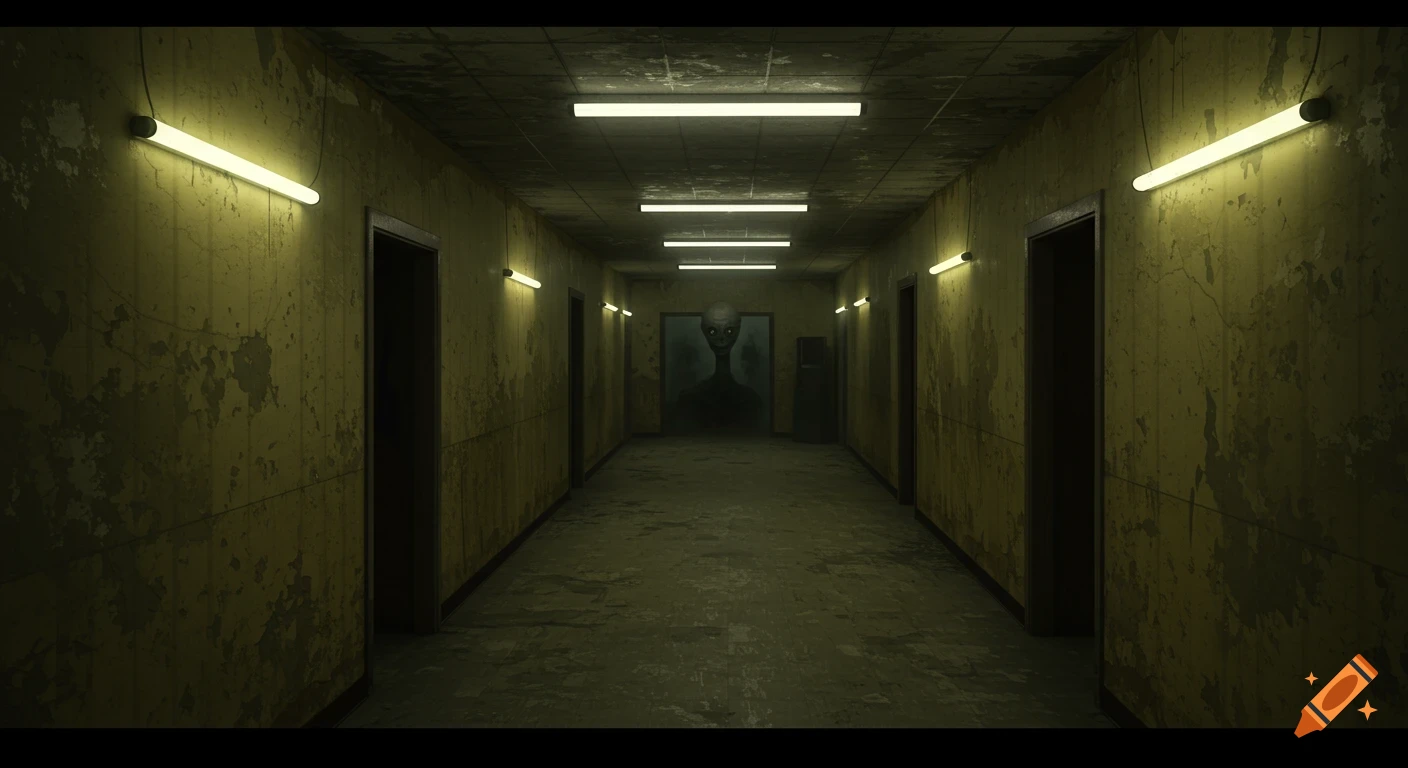 A long, dark, decaying hallway with yellow walls and fluorescent lights, leading to a shadowy, grey alien-like entity in the distance.