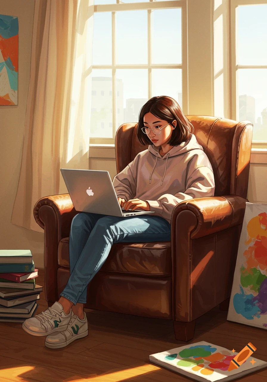 Illustrated young woman with short hair and glasses sits in a brown armchair, using a laptop in a bright, sunlit room.