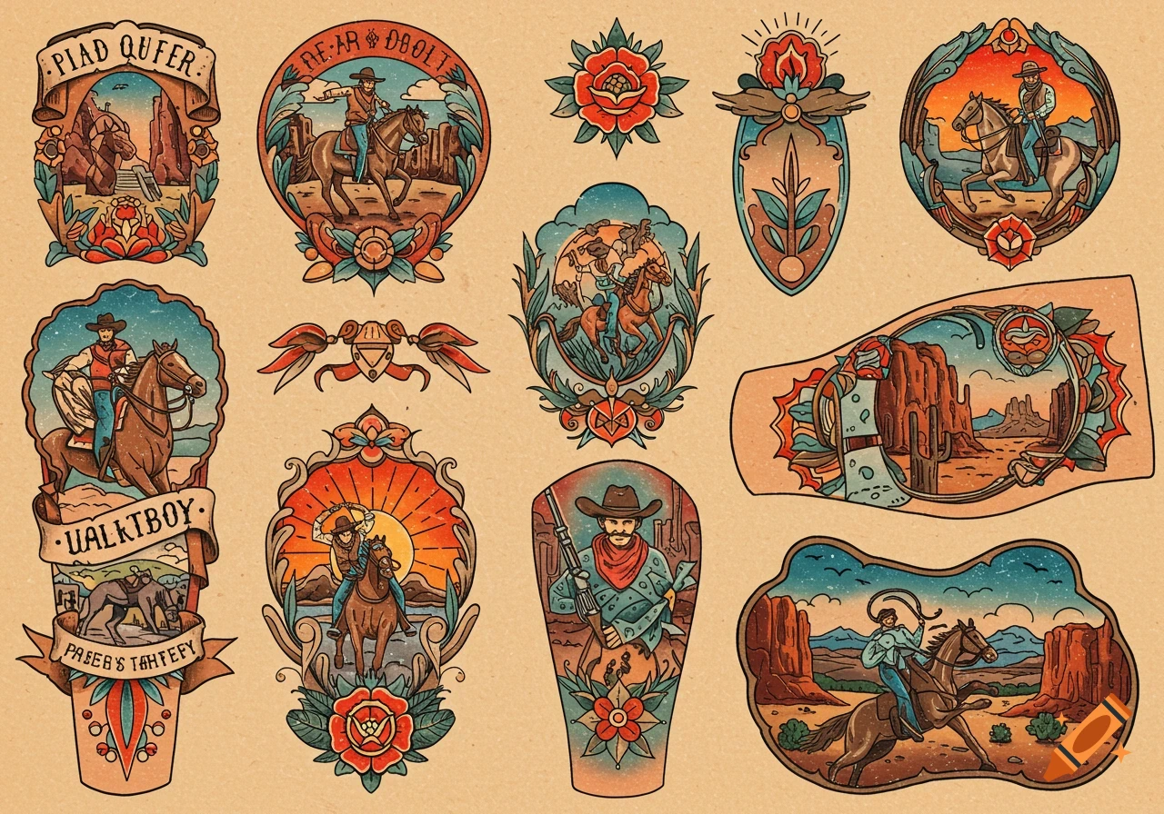 A collection of colorful traditional American tattoo designs featuring cowboys on horses in desert landscapes with banners and roses on a tan background.