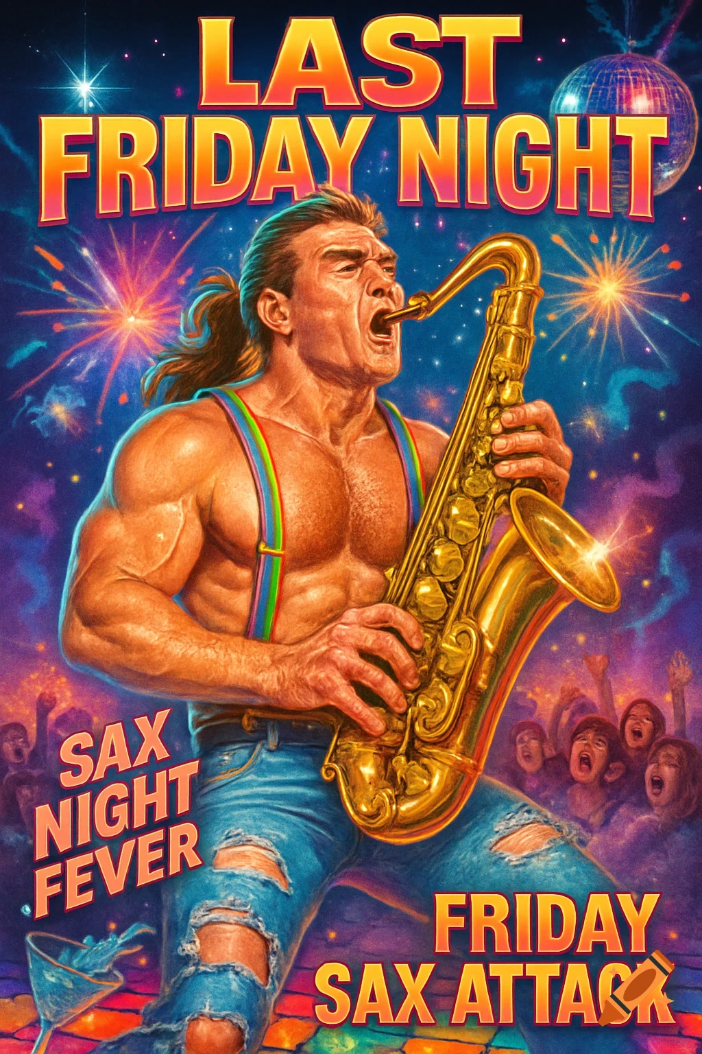 Retro-style poster of a muscular man with a ponytail in suspenders and ripped jeans playing a saxophone, with a disco ball, fireworks, and screaming fans in a vibrant, kitschy style.