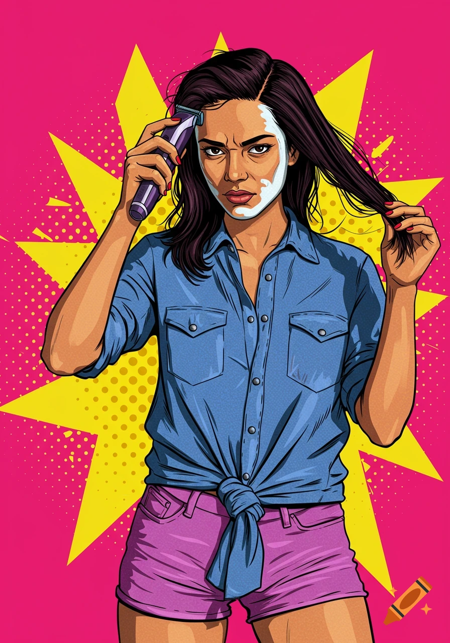 A woman with a white mask on her face shaves her head with an electric razor, in a vibrant pop art style with a pink background and yellow starbursts.