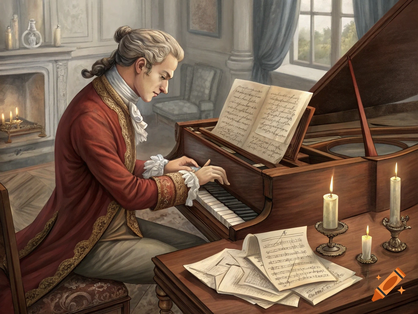 A man in 18th-century attire with a powdered wig sits at a harpsichord, appearing to compose music in a candlelit room.