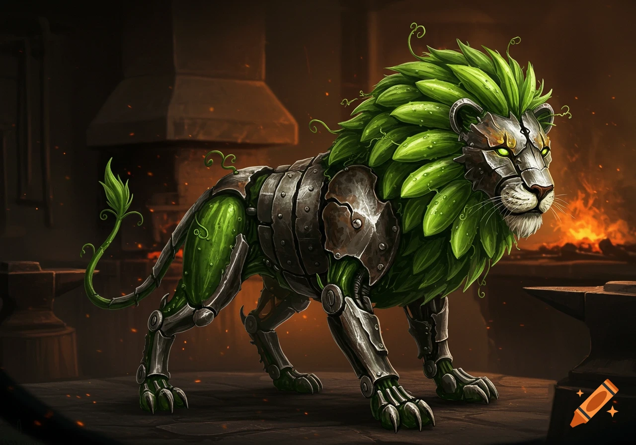 A fantasy depiction of a lion with a green cucumber mane and metallic armor, standing in a blacksmith's forge.