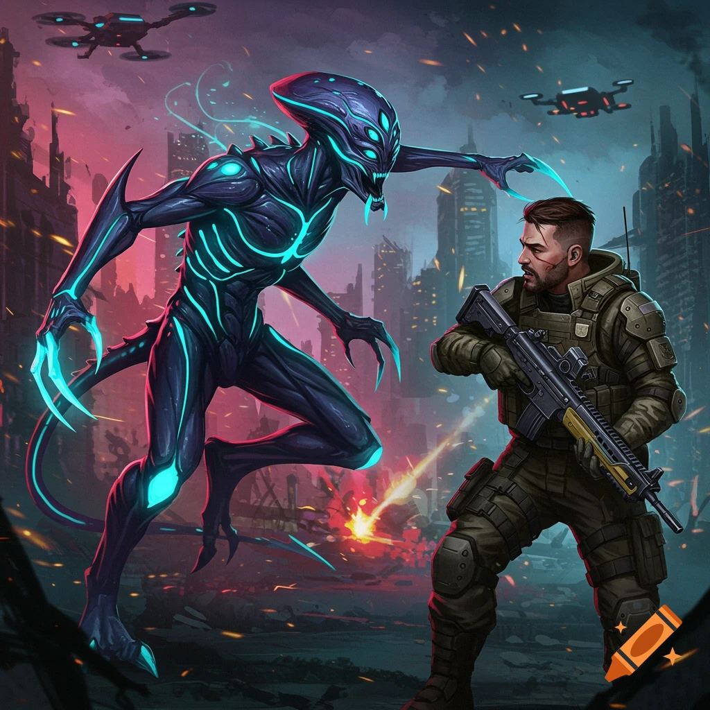 A soldier aims his rifle at a glowing alien creature in a ruined city under a dark sky, with drones flying overhead.