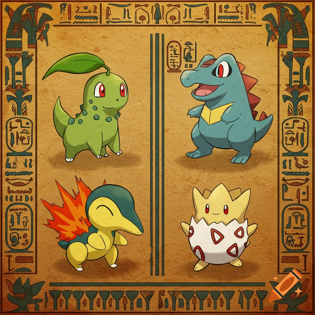 Four Pok R8mon, Chikorita, Totodile, Cyndaquil, and Togepi, depicted in an Egyptian hieroglyphic-style frame.