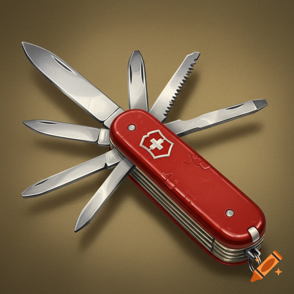 A red Swiss Army knife with several blades and tools extended, against a brown background.