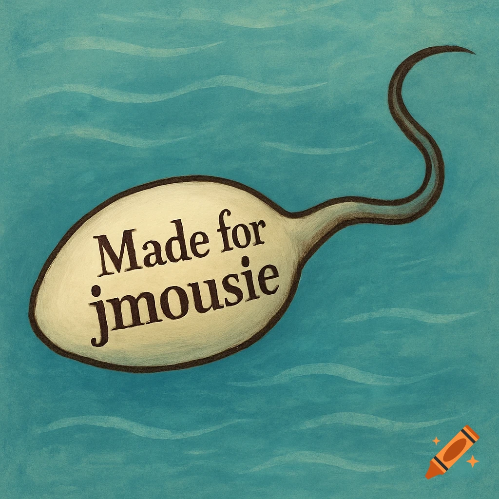 An illustration of a swimming sperm cell with "Made for jmousie" on its side, against a wavy blue background.