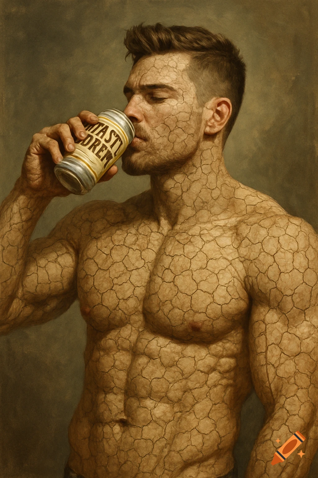 Photorealistic portrait of a muscular man with cracked, dry skin drinking from a can.