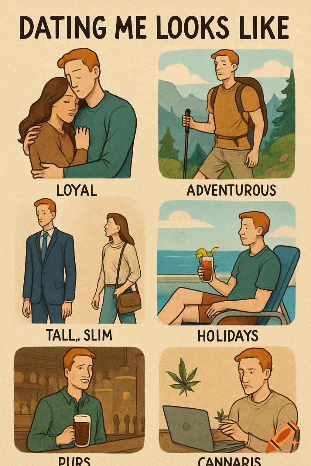 An illustration in six panels detailing traits for 'Dating Me Looks Like'. Panels show a man being loyal, adventurous, tall and slim, enjoying holidays, drinking at a pub, and with cannabis and a laptop.