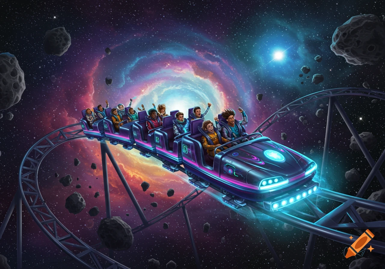 A group of diverse people excitedly riding a futuristic roller coaster through a colorful nebula in outer space, surrounded by asteroids.