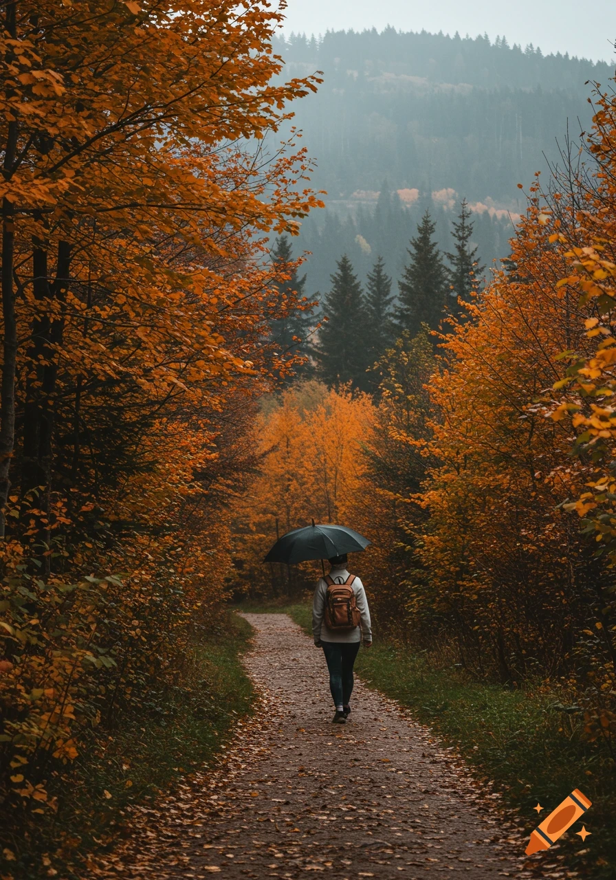 A person with an umbrella walks on a path through a vibrant autumn forest with orange trees.