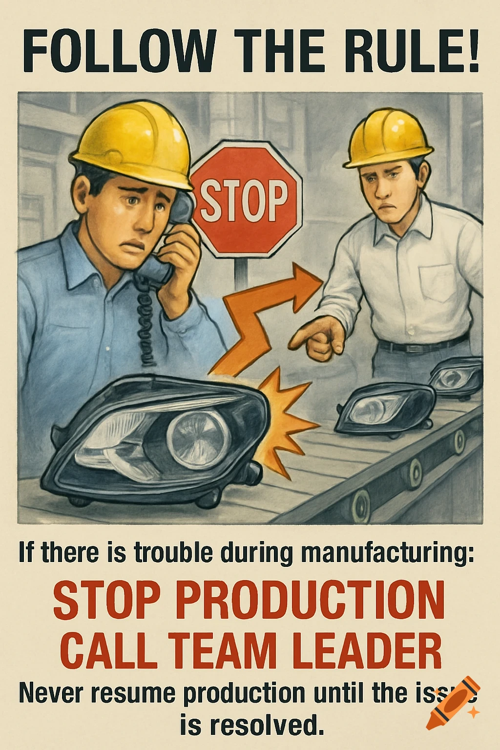 A vintage-style industrial safety poster showing two factory workers, one on the phone, the other pointing at a broken car headlamp on a conveyor belt, with a stop sign. Text reads: "FOLLOW THE RULE! STOP PRODUCTION CALL TEAM LEADER".