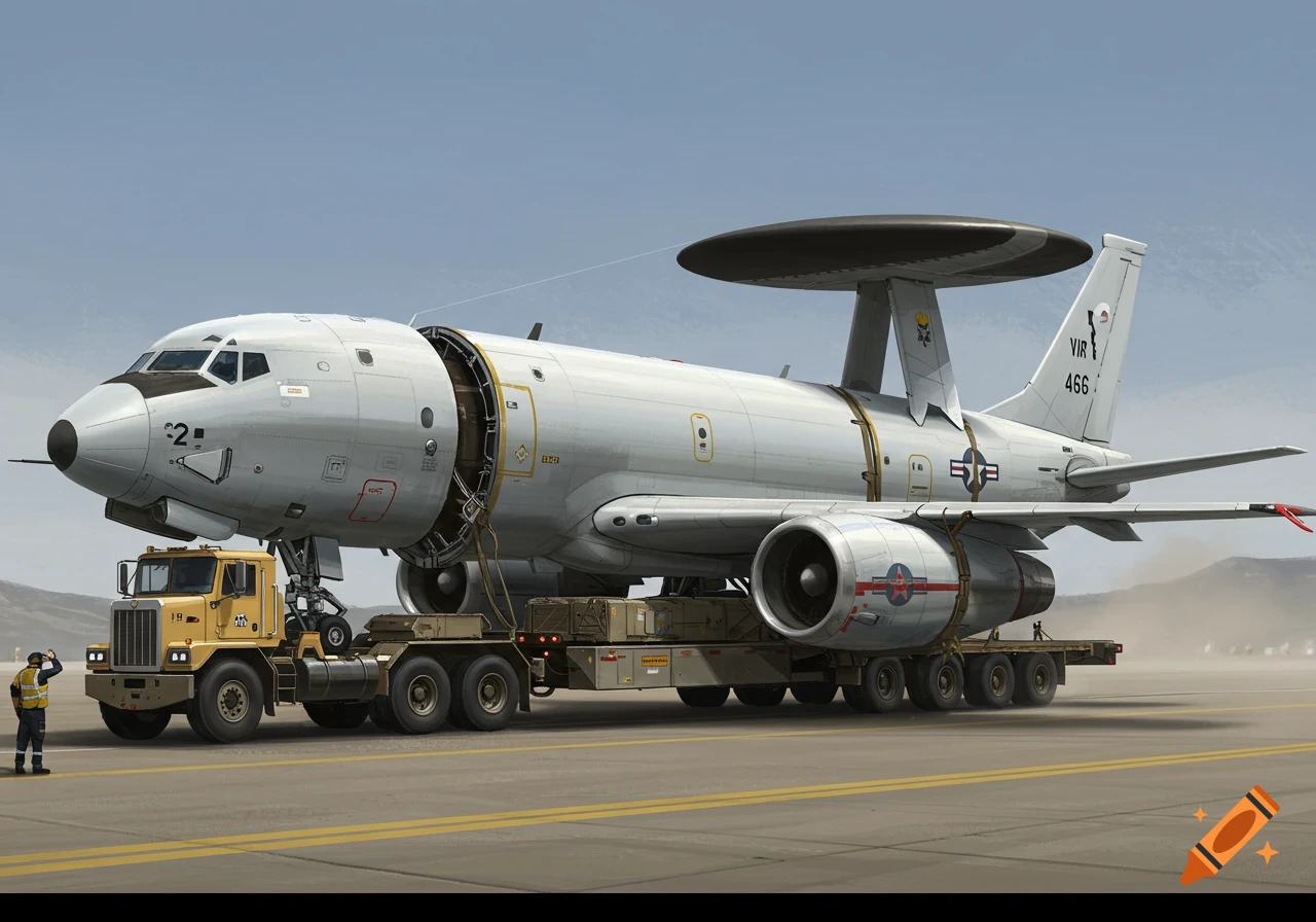 A photorealistic illustration of a large white E-7A AEW&C aircraft, with its wings removed, converted into a trailer and being pulled by a yellow prime mover truck on a tarmac.