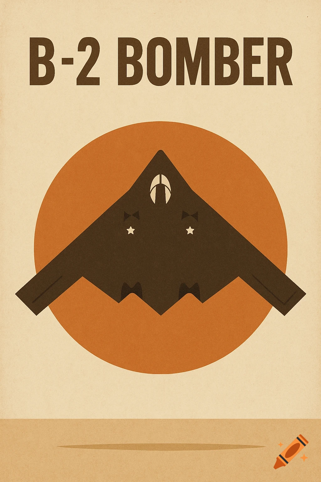 A minimalist retro-style poster of a B-2 Bomber against an orange circle, with 'B-2 BOMBER' text above.