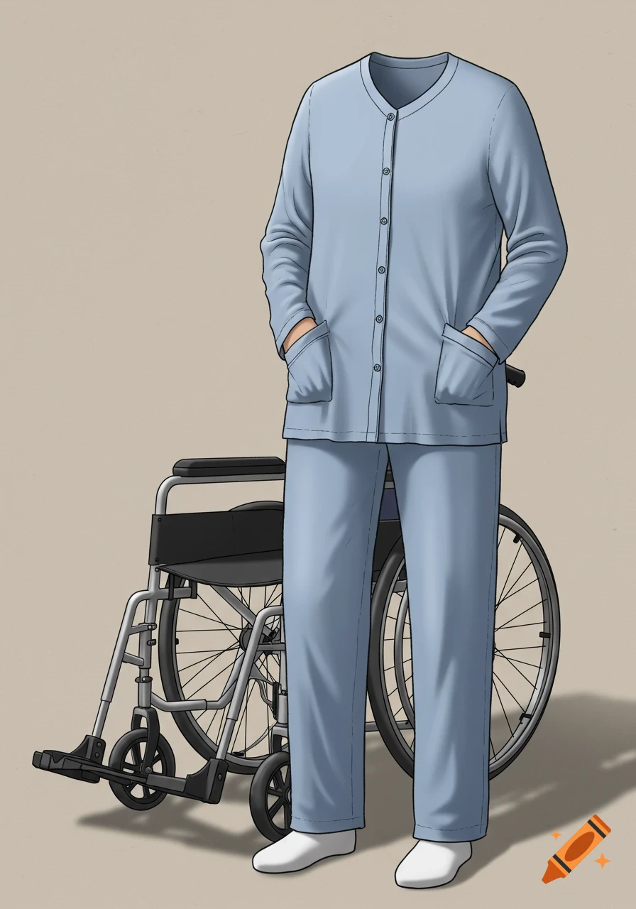 Illustration of a light blue patient's pajama set, with a long top and pants, on a headless figure standing next to a wheelchair.