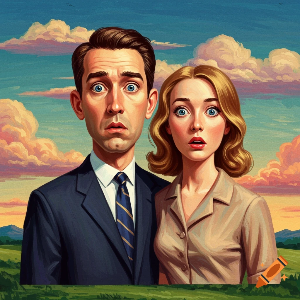 Stylized portrait of a man and woman with wide, surprised eyes, set against a colorful sky and green fields.