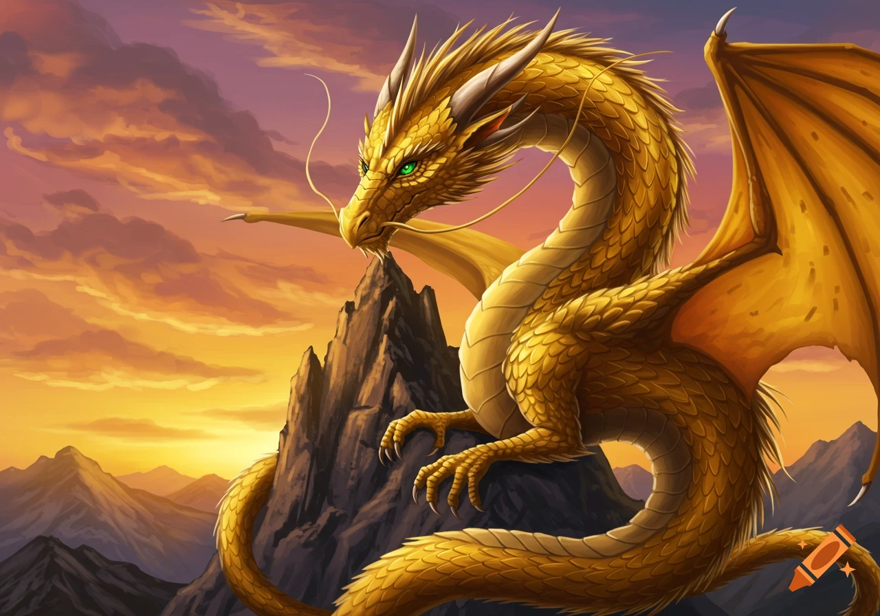 A majestic golden dragon perched atop a jagged mountain peak at sunset, with a vibrant orange and purple sky.