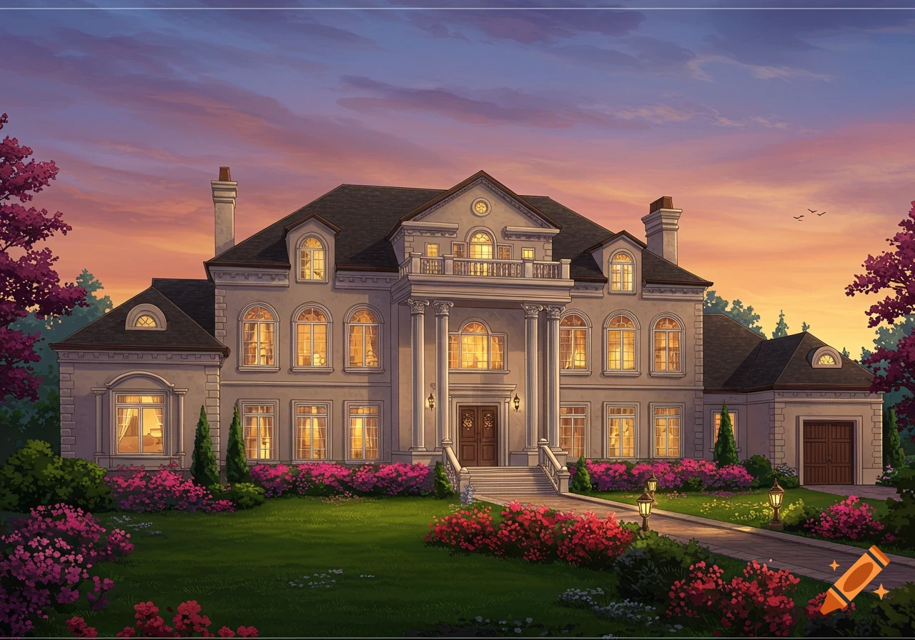 A grand, illuminated mansion surrounded by pink flowers and green lawns under a colorful sunset sky in an illustration style.