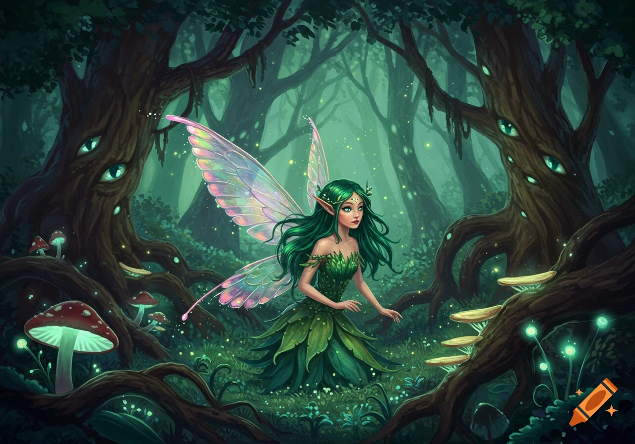 A green-haired fairy with large translucent wings stands in a magical forest with glowing eyes on tree trunks and vibrant mushrooms.