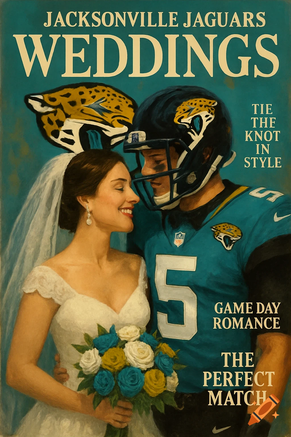 A vintage-style magazine cover depicting a bride and a football player, titled "Jacksonville Jaguars Weddings".