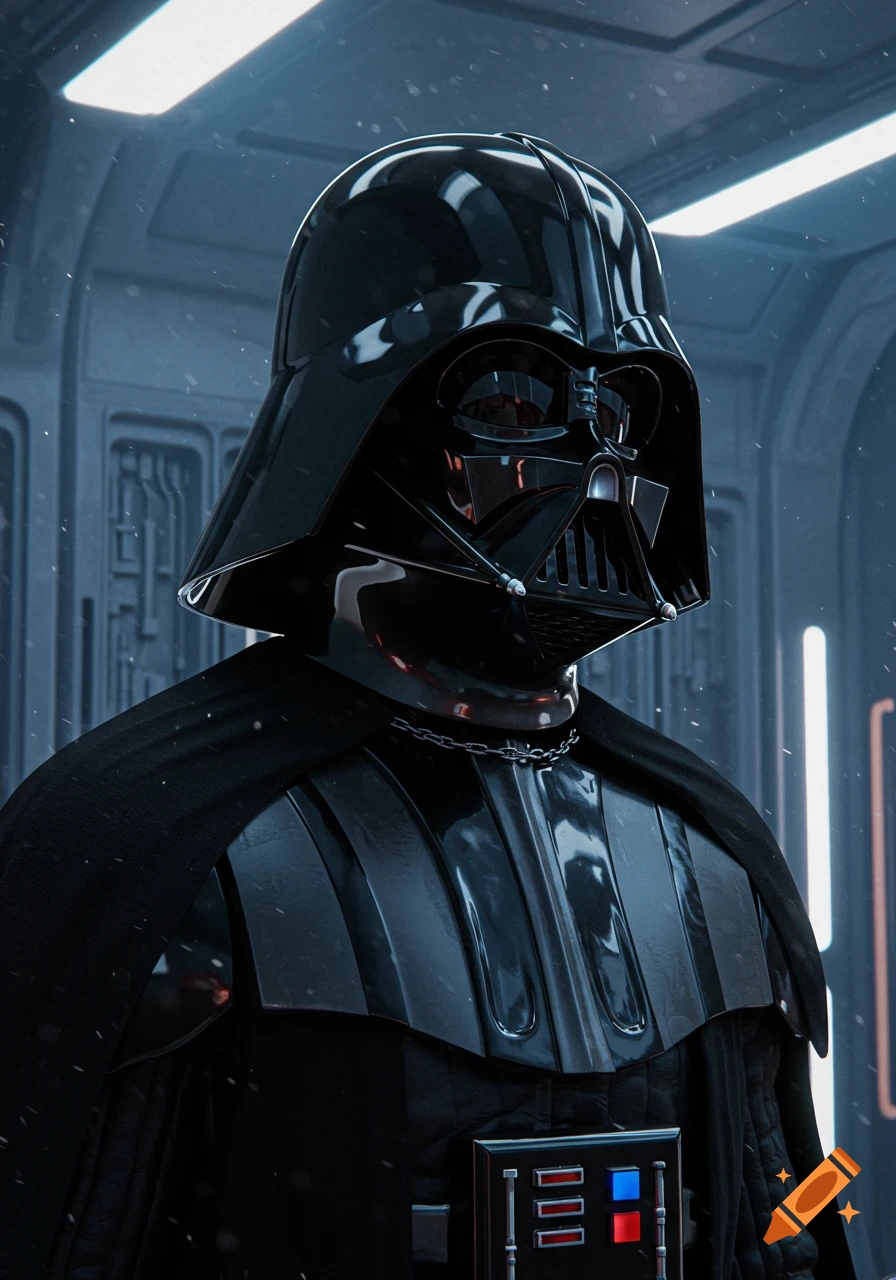 A photorealistic close-up portrait of Darth Vader in a dark, futuristic corridor with illuminated details and falling particles.