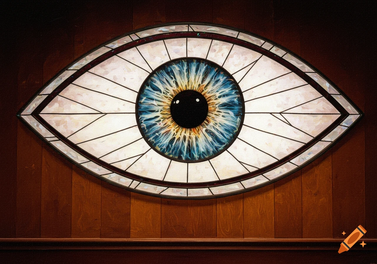 A detailed stained glass window shaped like an eye with a vibrant blue and gold iris set in a rich wooden wall.