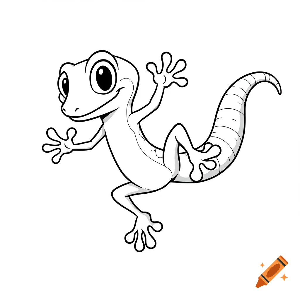 A black-and-white cartoon line drawing of a gecko character with large eyes, smiling and waving.