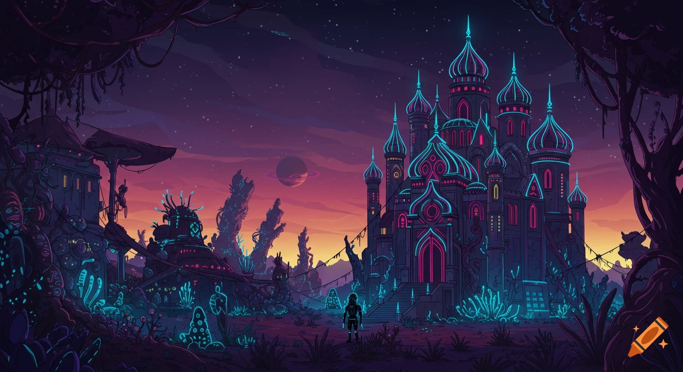 A vector art landscape of an alien planet at twilight, featuring a glowing neon royal palace and a strange village with a lone figure standing in the foreground.